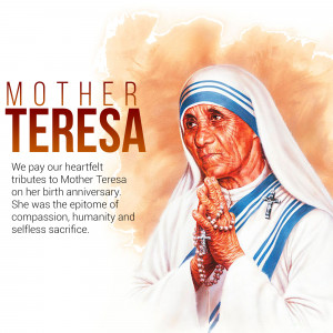 Portrait of Mother Teresa with text commemorating her birthday