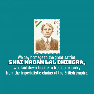 Image of a postage stamp featuring Madan Lal Dhingra with a tribute message.