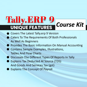 Image of Tally ERP 9 Course Kit cover with features listed