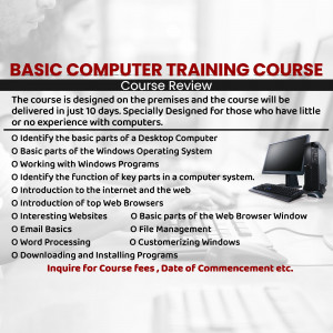 Image advertising a basic computer course training program.
