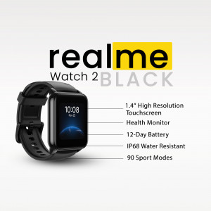 Realme Watch 2 Black smartwatch with key features highlighted