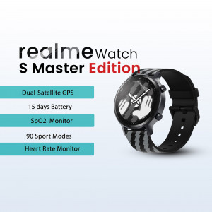 Realme Watch S Master Edition smartwatch with key features highlighted.