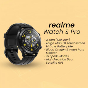 Close-up of a black Realme Watch S Pro smartwatch with a round AMOLED display.