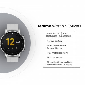 Close-up of the silver Realme Watch S smartwatch displaying the time and key features.