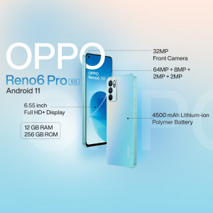 OPPO Reno6 Pro 5G smartphone with specifications highlighted