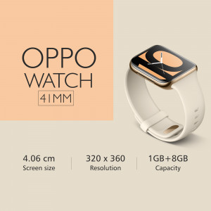 OPPO Watch 41mm in a light cream color with specifications displayed
