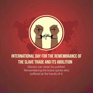 Image commemorating the International Day for the Remembrance of the Slave Trade and its Abolition, featuring clasped hands breaking chains against a world map background.