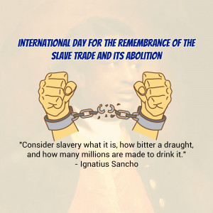 Illustration depicting broken shackles representing freedom from slavery, with a quote by Ignatius Sancho.