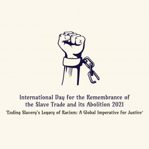 A clenched fist breaking chains, symbolizing the fight against slavery.