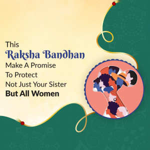 Raksha Bandhan greeting with illustration of siblings and a message promoting protection of all women.