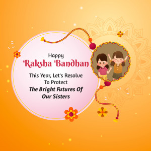 Raksha Bandhan greeting card with two sisters and a decorative border.