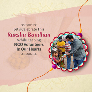 Raksha Bandhan image featuring a family and NGO volunteers with a Rakhi thread.