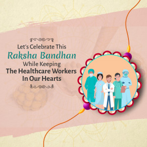 Raksha Bandhan greeting card featuring healthcare workers and a Rakhi thread.