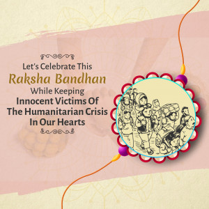 Raksha Bandhan greeting with illustration and message about humanitarian crisis