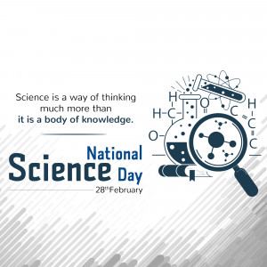 Illustration for National Science Day featuring science equipment and a quote.