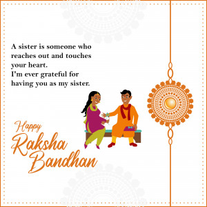 Illustration of a brother tying a Rakhi on his sister's wrist with a heartfelt message.