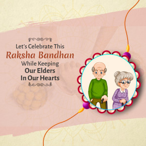 Raksha Bandhan greeting card featuring an elderly couple and a Rakhi thread.
