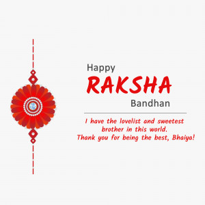 Raksha Bandhan greeting card with a red and white Rakhi design and text.