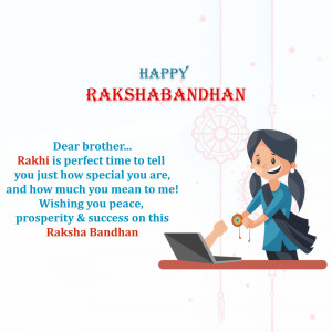 Illustration of a sister tying a Rakhi to her brother, with a Raksha Bandhan greeting.
