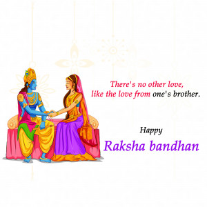 Illustration of Krishna and his sister holding hands with a Raksha Bandhan greeting.