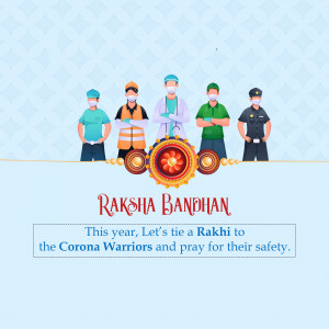 Illustration of various frontline workers with a Rakhi and the text 'Raksha Bandhan - Let's tie a Rakhi to the Corona Warriors'
