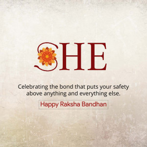 Raksha Bandhan graphic with the word 'SHE' and a floral design