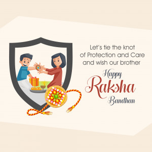 Illustration of a brother and sister celebrating Raksha Bandhan with a Rakhi and sweets.