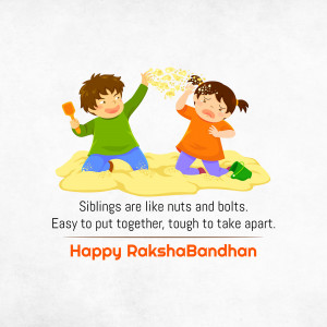 Illustration of two children playing with sand and a Raksha Bandhan message.