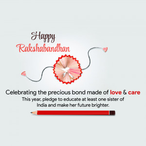 Raksha Bandhan greeting card with a pencil and thread design promoting education for girls.