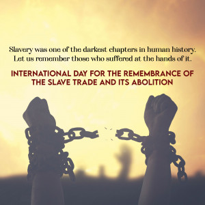 Image depicting broken chains against a sunset background with text commemorating the International Day for the Remembrance of the Slave Trade.