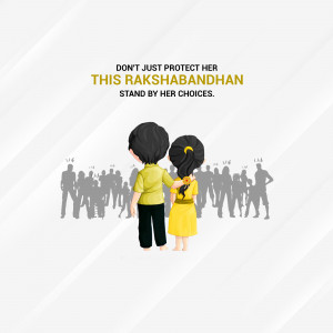 Illustration of a brother and sister standing together with a crowd in the background, promoting the message of supporting a woman's choices.