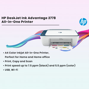 HP DeskJet Ink Advantage 2778 printer with colorful splash background