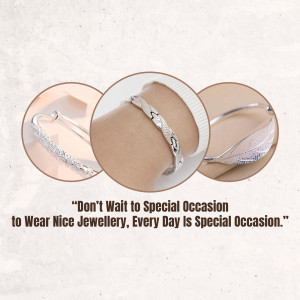 Close-up of three different silver bracelets on a neutral background with text promoting everyday jewelry wear.
