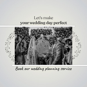 Indian wedding ceremony with floral decorations and text promoting wedding planning services.