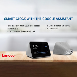 Lenovo Smart Clock with Google Assistant on a wooden surface