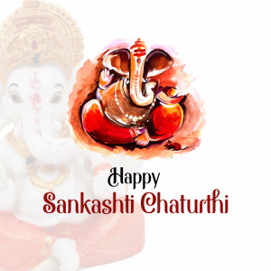 Watercolor painting of Lord Ganesha with 'Happy Sankashti Chaturthi' text