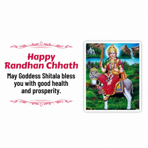 Image depicting Goddess Shitala on a donkey with a festive greeting for Randhan Chhath.