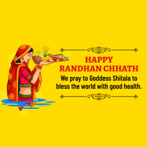 Illustration of a woman performing Chhath Puja with offerings and the text 'Happy Randhan Chhath'