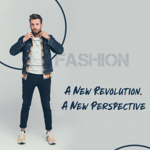 A stylish man in a denim jacket, plaid shirt, and black jeans posing for a fashion advertisement.