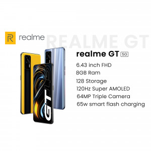 Realme GT smartphone with yellow and silver color options, showcasing its features.
