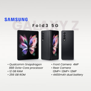 Samsung Galaxy Z Fold3 5G smartphone in black, showcasing its folded and unfolded views, and key specifications.
