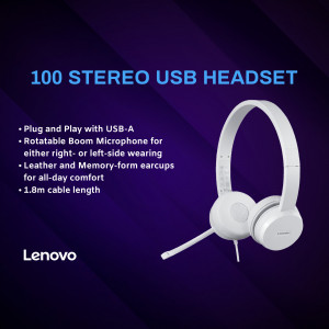White Lenovo 100 Stereo USB Headset with Microphone
