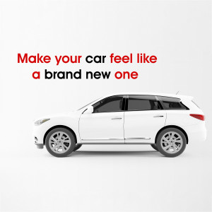 White station wagon car with text overlay 'Make your car feel like a brand new one'