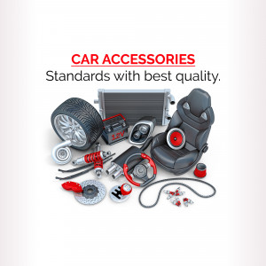 A collection of various car accessories including tires, radiator, speakers, and a car seat.