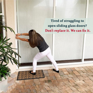 Woman struggling to open a sliding glass door, advertising repair services.