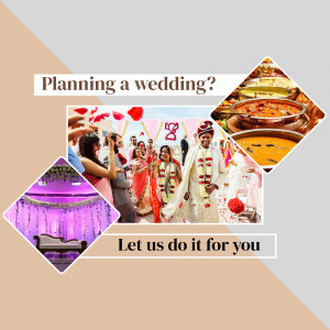 Collage of wedding elements including a couple, decorations, and food with text 'Planning a wedding? Let us do it for you'