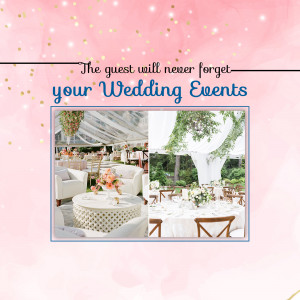 Wedding event setup with floral decorations and elegant seating