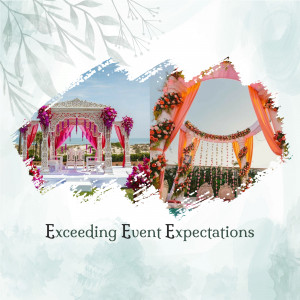 Two beautifully decorated wedding mandaps with vibrant colors and floral arrangements.