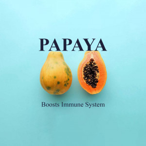 A vibrant image featuring a whole papaya and a halved papaya, with the text 'Papaya' and 'Boosts Immune System'.