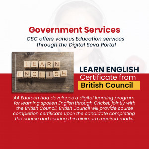 Image promoting Learn English certificate program from British Council through CSC Digital Seva Portal.